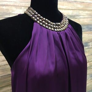 Purple Satin Halter Top with Embellished Neckline